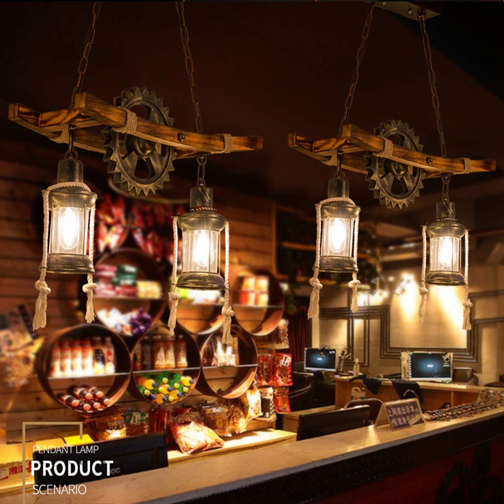Lustres E27 Vintage Pendentif Chêne Clair Salle À Manger Lampe Suspension Industrielle Metal Gear En Fer Forgé Plafond Rétro Lampe Suspendue Chambre Lampe Maison En Bambou Lumière Vivante Chambre Café