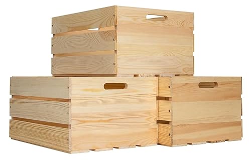 3 Pieces Large Pine Wood Crates For Storage, Unfinished Natural