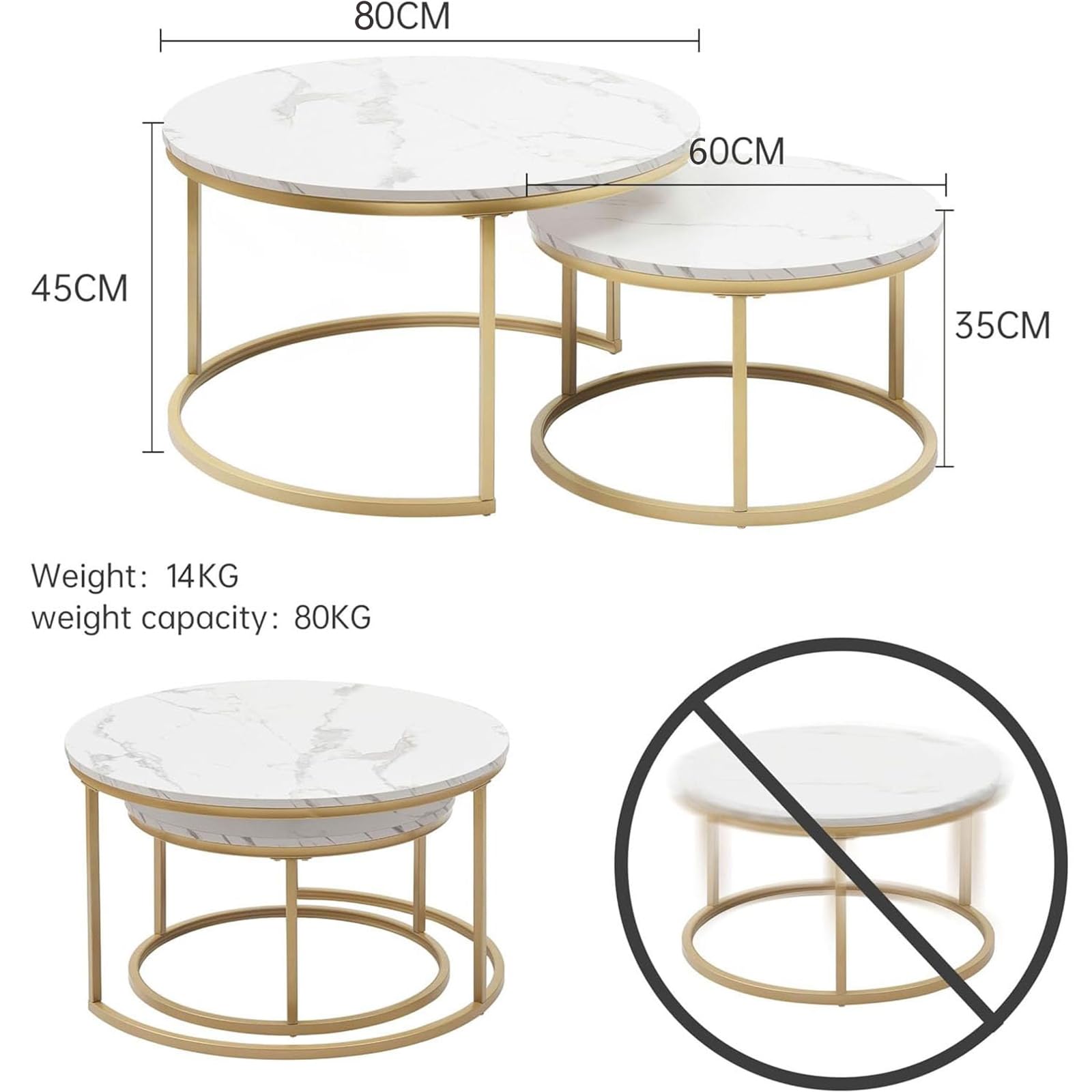 Tavolino rotondo effetto marmo, set da 2 tavolini da salotto e tavolino per soggiorno, Ø 80 x 45 H cm e Ø 60 x 35 H cm (bianco e oro)