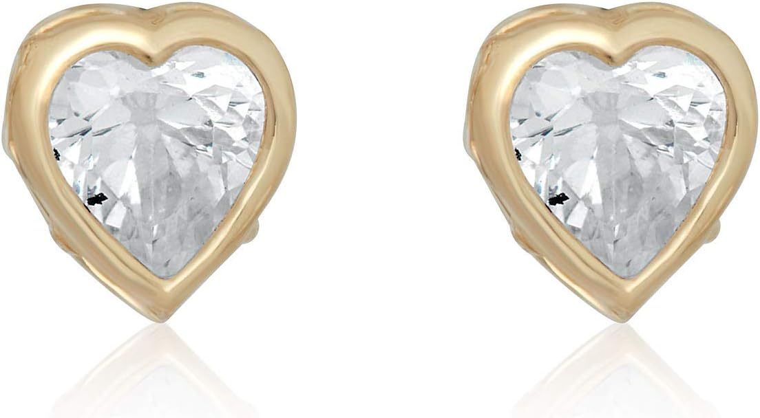 AVORA 10K Yellow Gold Simulated Diamond CZ Heart Solitaire Pendant Necklace and Stud Earrings