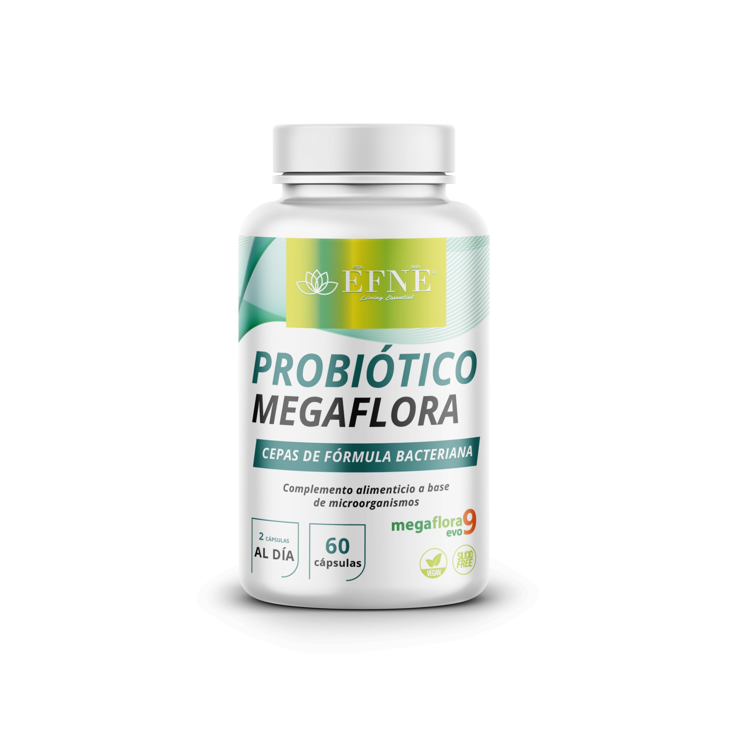 EFNE Probiotico Megaflora – 60 capsulas – Fórmula avanzada Megaflora Evo 9 (multi‑cepa, 9 cepas) – 100 % vegano – Apoyo digestión, microbiota equilibrada e inmunidad, formula avanzada