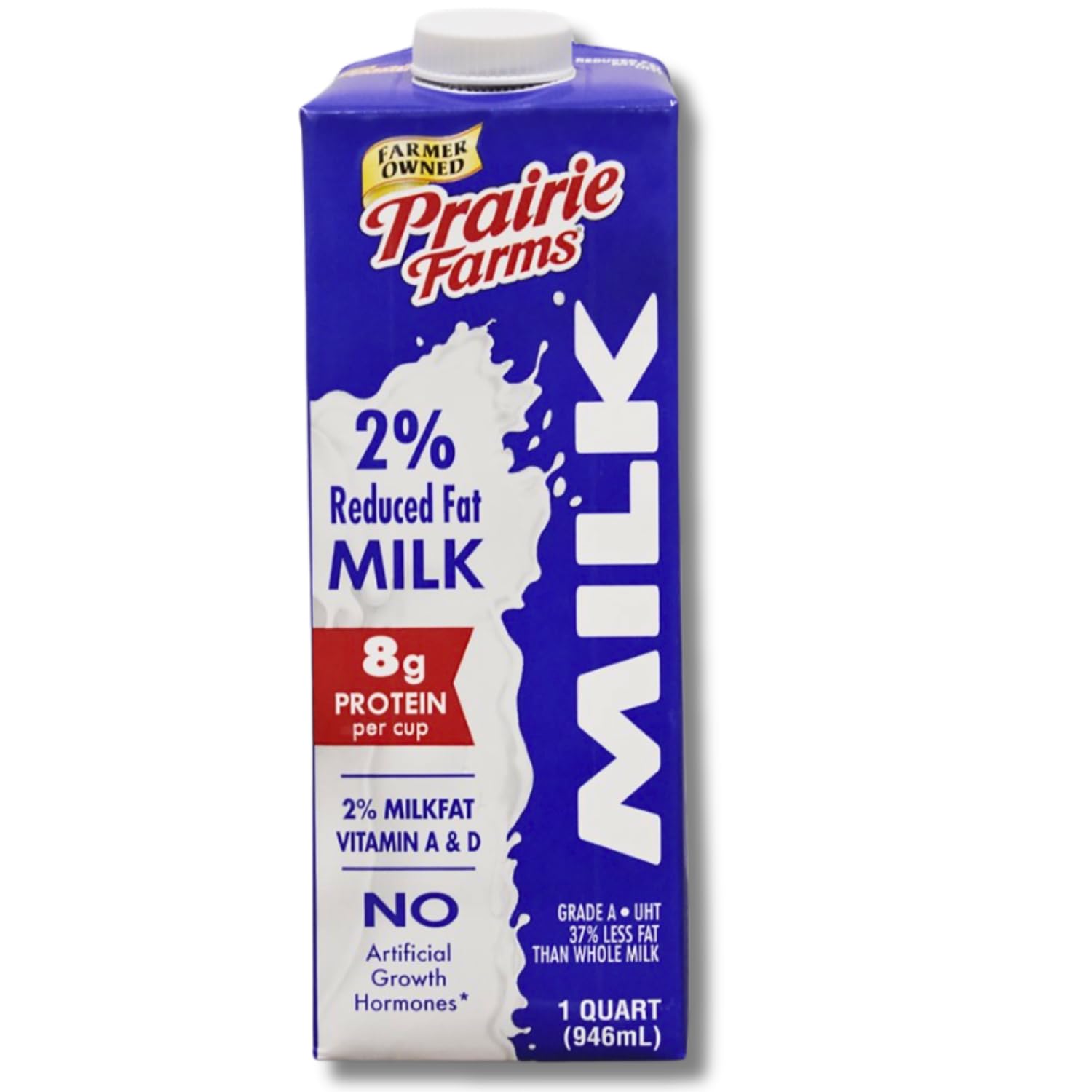 Prairie Farms Milk 2% Percent, Shelf Stable, Reduced Fat, Boxed & Ulta Pasteurized (UHT), Vitamin D White Milk - Preservative and Hormone Free, Gluten Free, Kosher, Made in USA - 1 Quart (1 Pack)