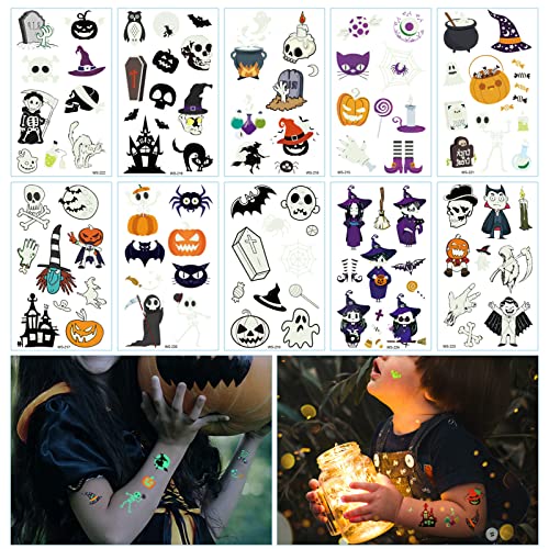 10 Stück Halloween Gesichts Tattoo, Halloween Temporäre Tattoos, für Kinder Wasserdicht Leuchtendes Halloween Make-up auf Gesicht Arm Körper Cover