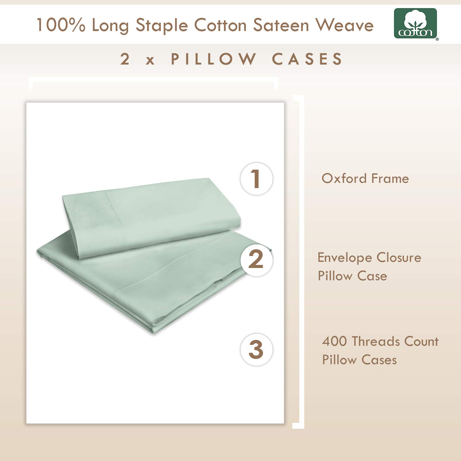 Pizuna Pure Combed Cotton Standard Pillow Cases 50x75 cm Sage, 400 Thread Count Soft Luxurious 100% Long Staple Cotton Sateen Weave Pillow Cover With 5cm Hem (Cooling Pillowcase - 2 PC)