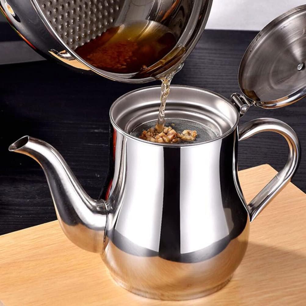 Hemoton Stainless Steel Oil Pot with Filter Net 24Oz Cooking Oil Container with Long Spout and Handle for Easy Pouring and Straining in Home Kitchen