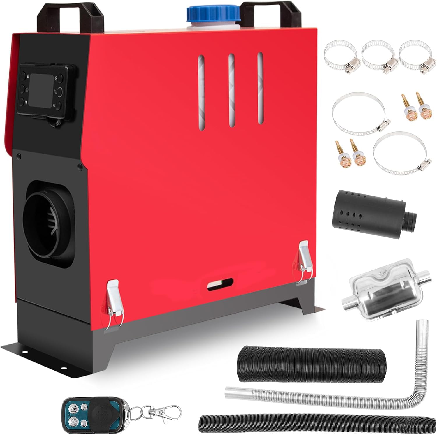 Calefactor de Aire diésel Todo en uno de 5 kW, 12 V, portátil con Monitor LCD y Control Remoto para vehículos, autocaravanas, Camiones, Barcos, autobuses y caravanas, Color Rojo.
