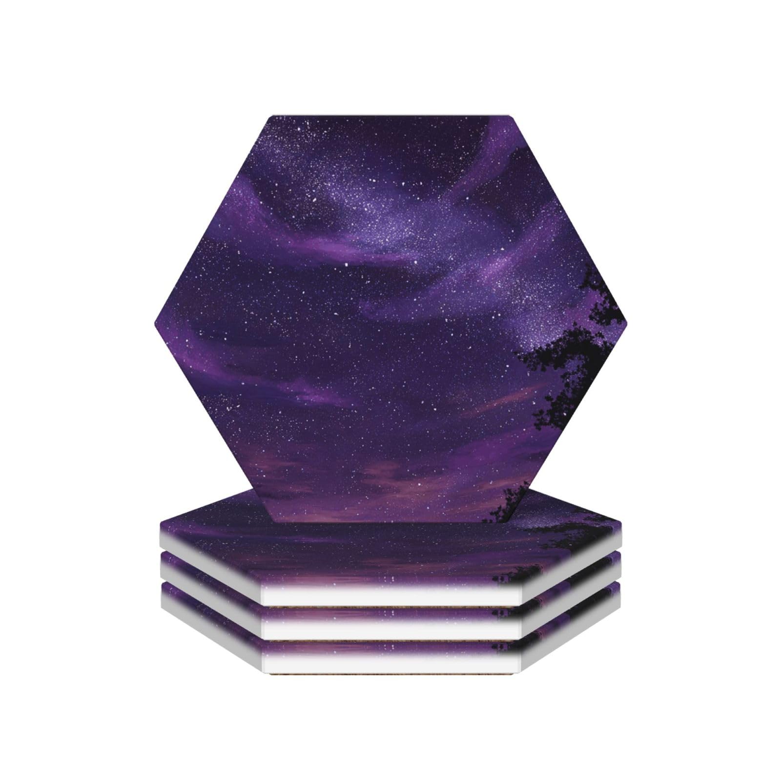 Drink Coasters 4Pcs Round CeramicCoaster with Holder Purple Starry Skys Coasters for Drinks Coffee Cup Mat Heat Resistant Coaster for Tabletop Protection Desk Accessories Office Home Decor