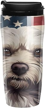 Maltese Dog American Flag Coffee Cup with Lid Tea Reusable Travel Coffee Cup Drink Tumbler 12 Oz