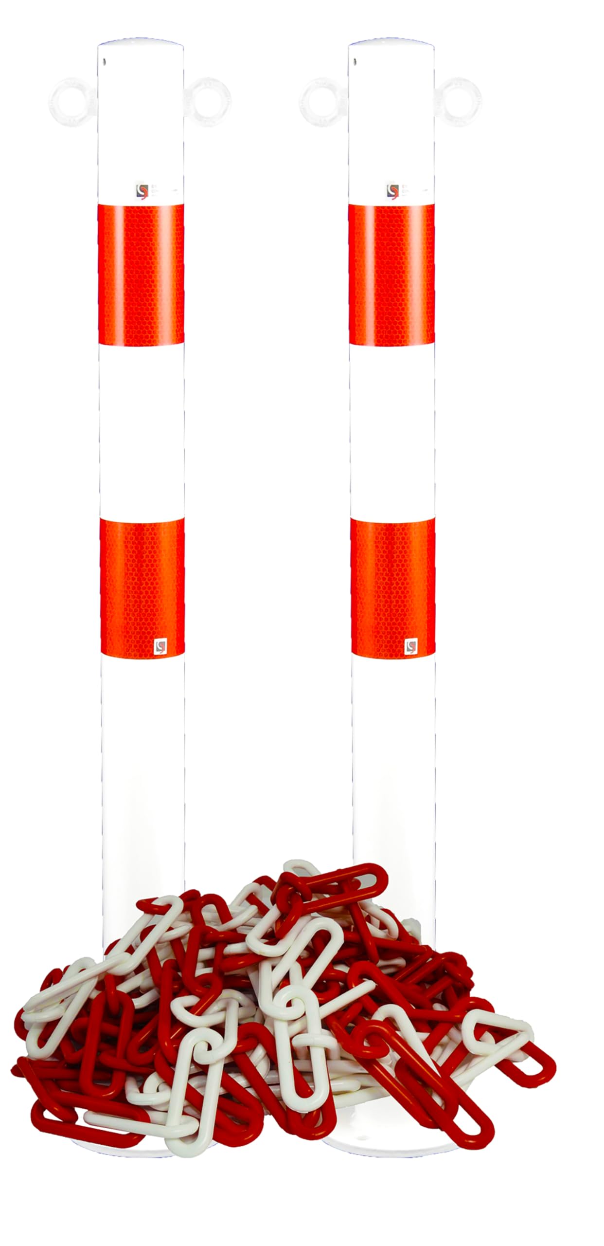 UvV Stahl Sperrpfostenset (2 Stück) Pulverbeschichtet weiß, rot - Rund Ø60,3 mm mit Fußplatte zum Anschrauben (80 cm + Kette)