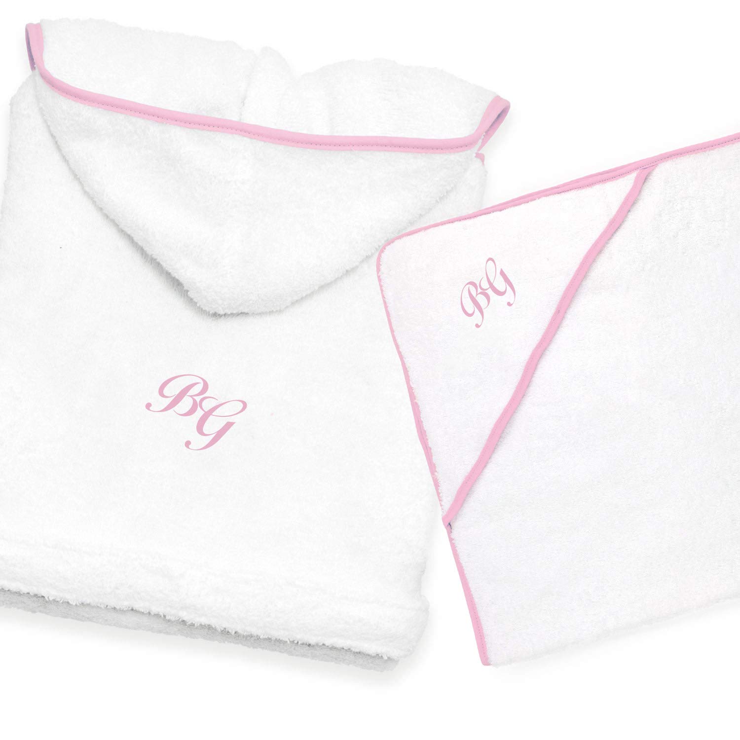 Ensemble de peignoir et serviette à capuche pour bébé – Monogramme (2 lettres) (blanc et rose)