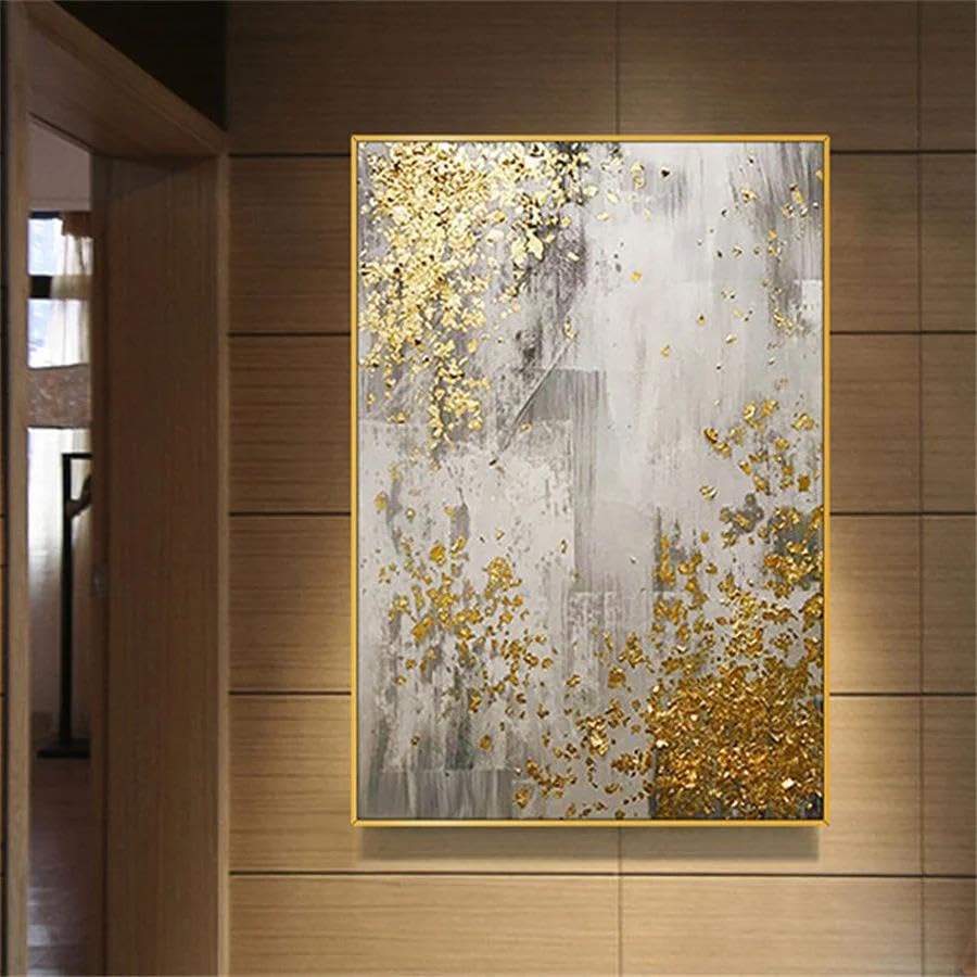 Tableau abstrait moderne doré sur toile grise et beige grande œuvre