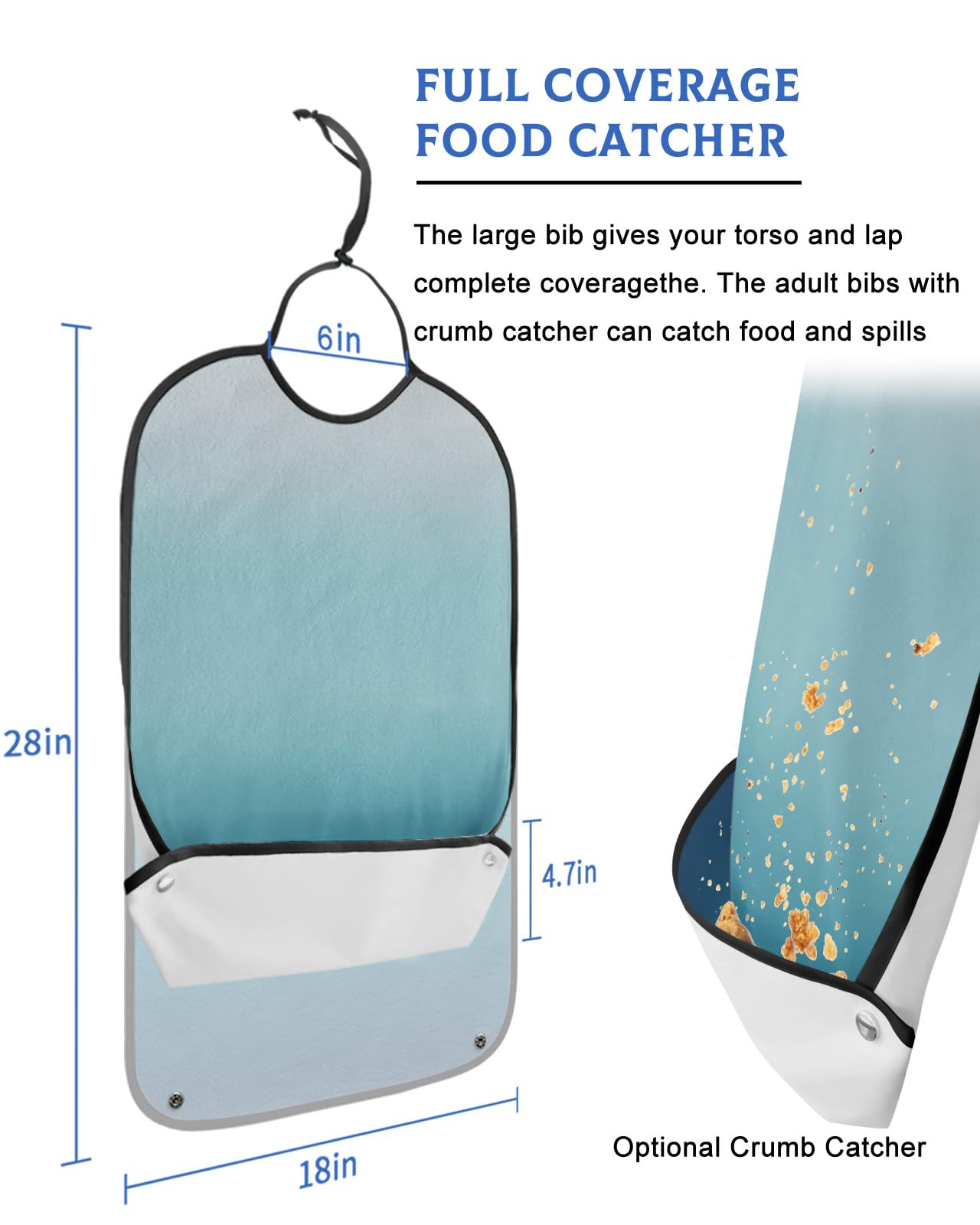 Navy Blue Ombre Adult Bibs for Eating, Waterproof Bibs with Food Catcher & Adjustable Snap Closure, Teal White Gradient Modern Abstract Art Clothing Protectors Adult Bibs for Elderly Women/Men