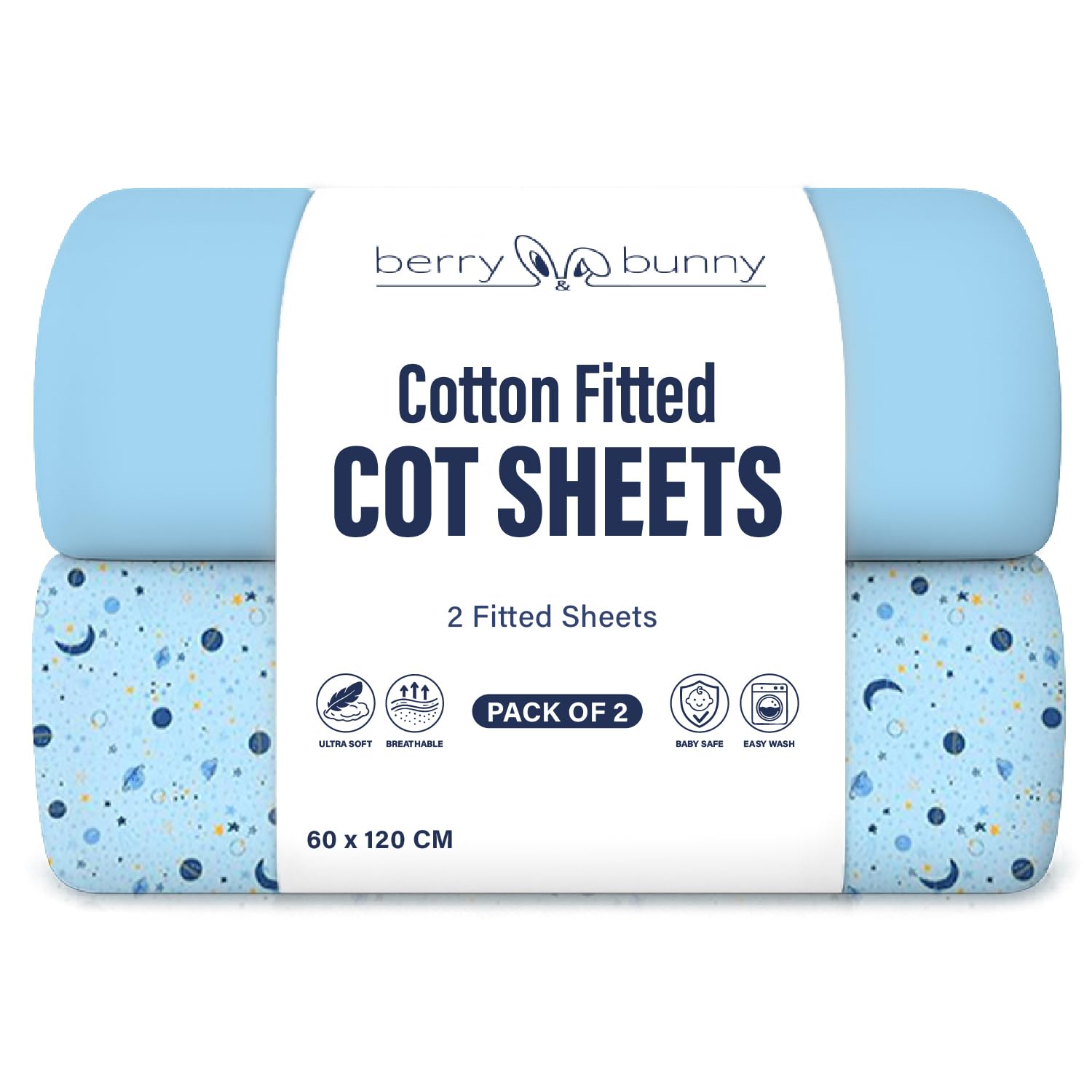 Berry and Bunny 100% Cotton Cot Bed Sheets Pack of 2, Soft Breathable Baby Cot Sheets 120x60 Fitted, Elasticated Deep Fit Mattress Protector Cover, Baby Bedding All Seasons