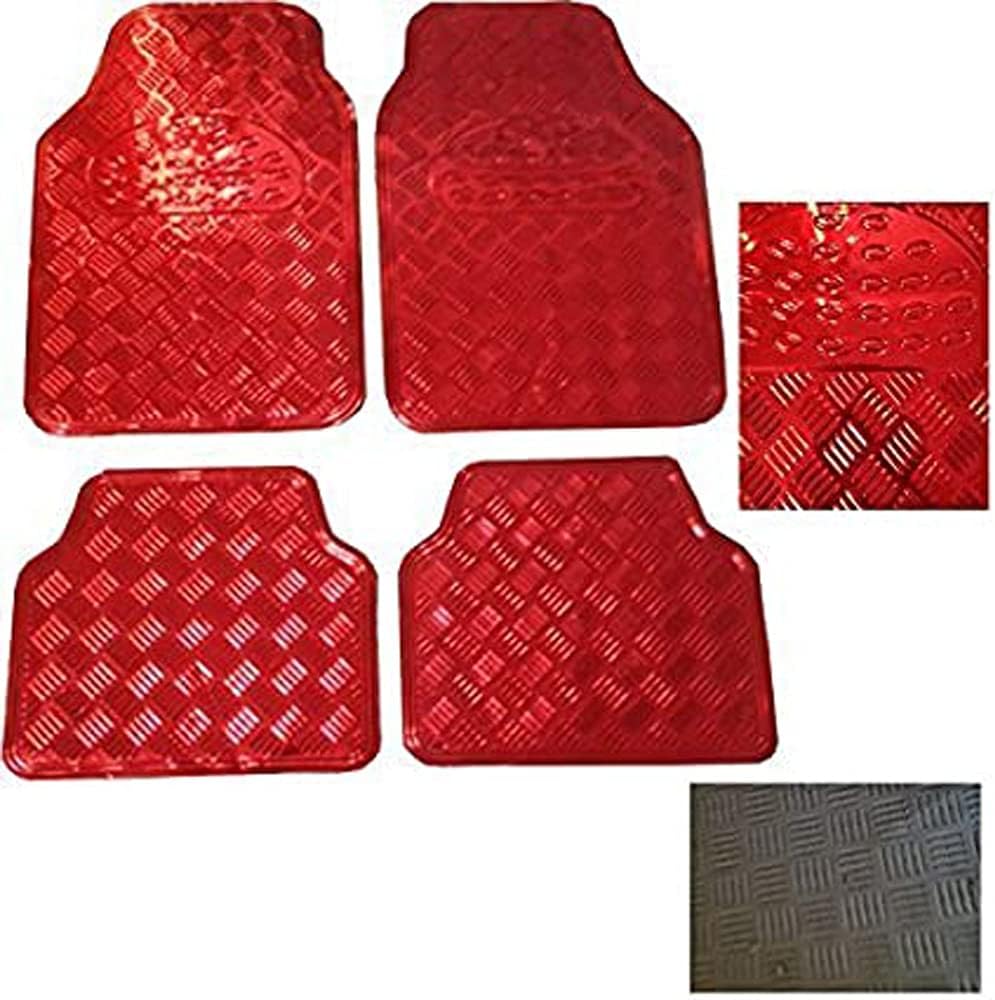 WheelsNBits® Orginal RED METAL Metallic Aluminium Checker Plate Look 4 pcs Universal Car Mats Set