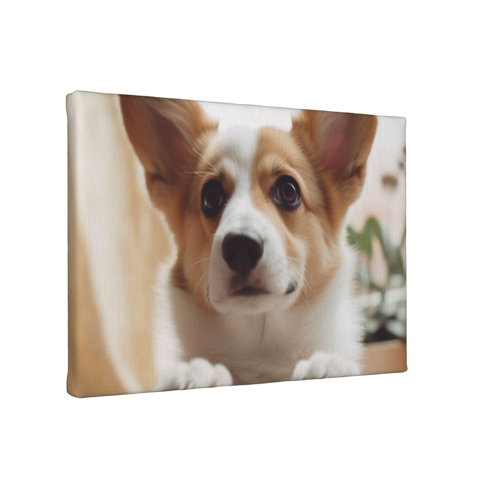 YKLJG Cute Corgi cartoon Printed Wall Art Canvas Painting 30x20 CM Wooden Framed Picture Painting Artwork Prints for Bedroom Kitchen Home Office Decor