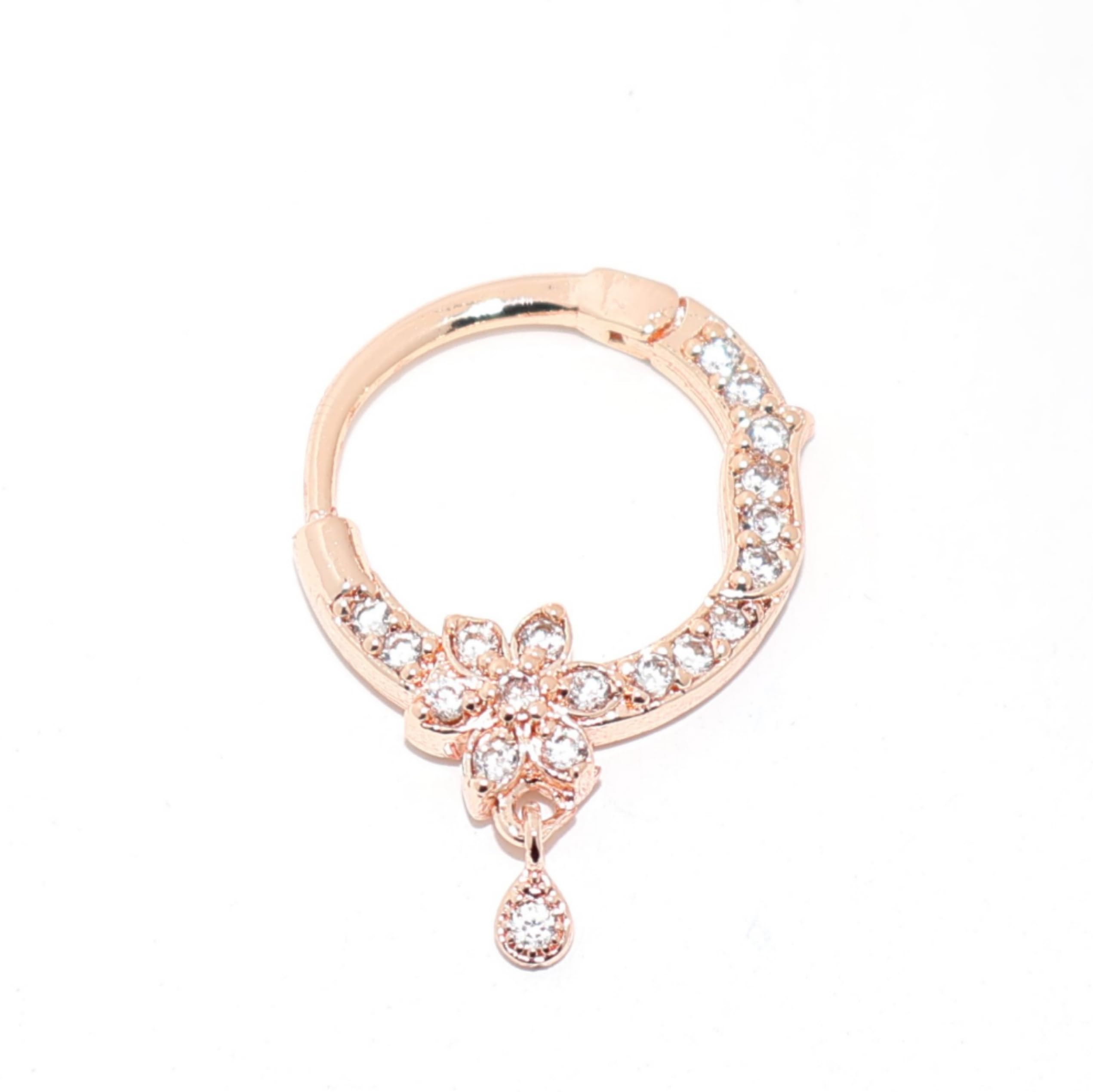 Elegant Rose Gold Plated A.D. Nath Nose Ring with CZ Stones & Drop Charm – Stylish Piercing Nath for Women & Girls-image-34
