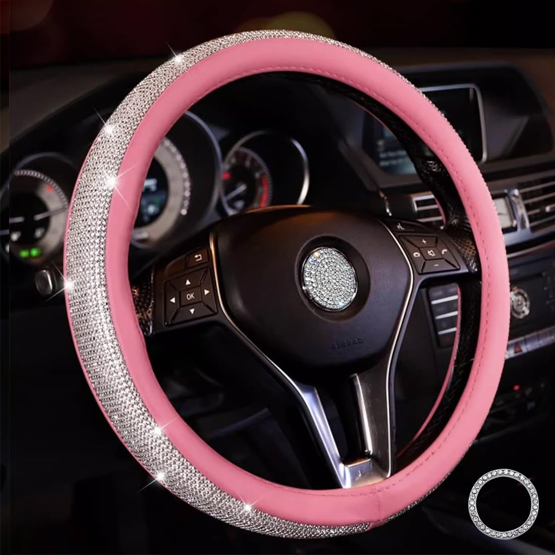 Coprivolante In Pelle Morbida Con Strisce Strass Per Auto 38 Cm - Antiscivolo, Elastico, Universale (Beige) - 4