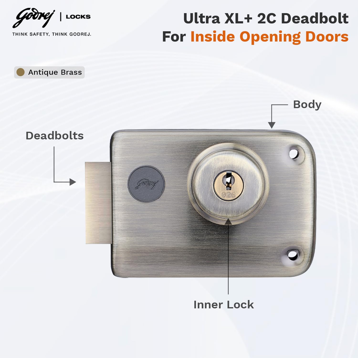 Godrej Rim Lock I Rim Deadbolt Ultra XL+ I 2C Deadbolt I for Inside Opening Wooden Main Door | Left/Right Handed Doors I 4 Keys I 5-Year Warranty I Manual Locking I Antique Brass Finish — Amazon image 2