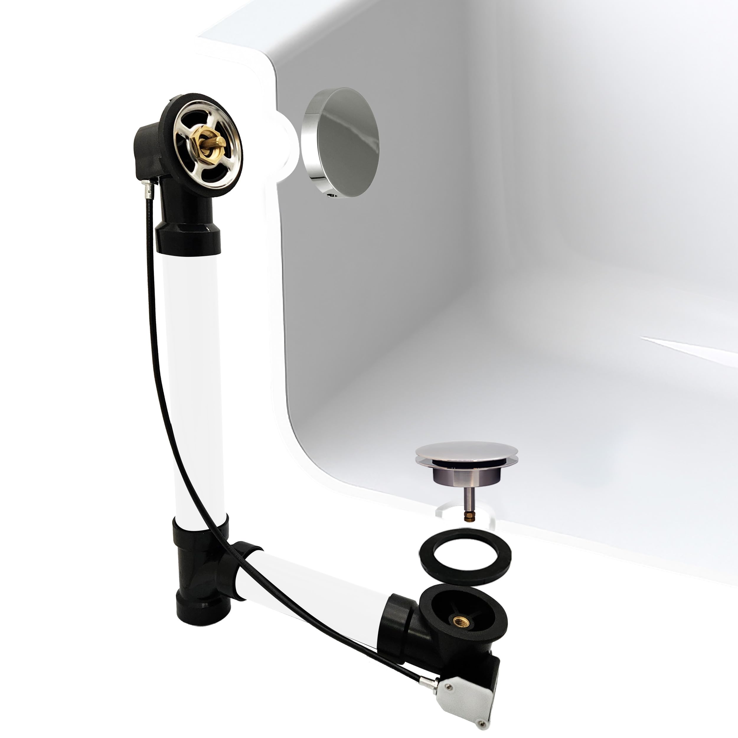 Westbrass A50A35SRE-05 35" SCH. 40 ABS Cable Driven Bath Drain Trim Kit with Rotary Overflow Cover Knob and Pop-Up Stopper, Polished Nickel