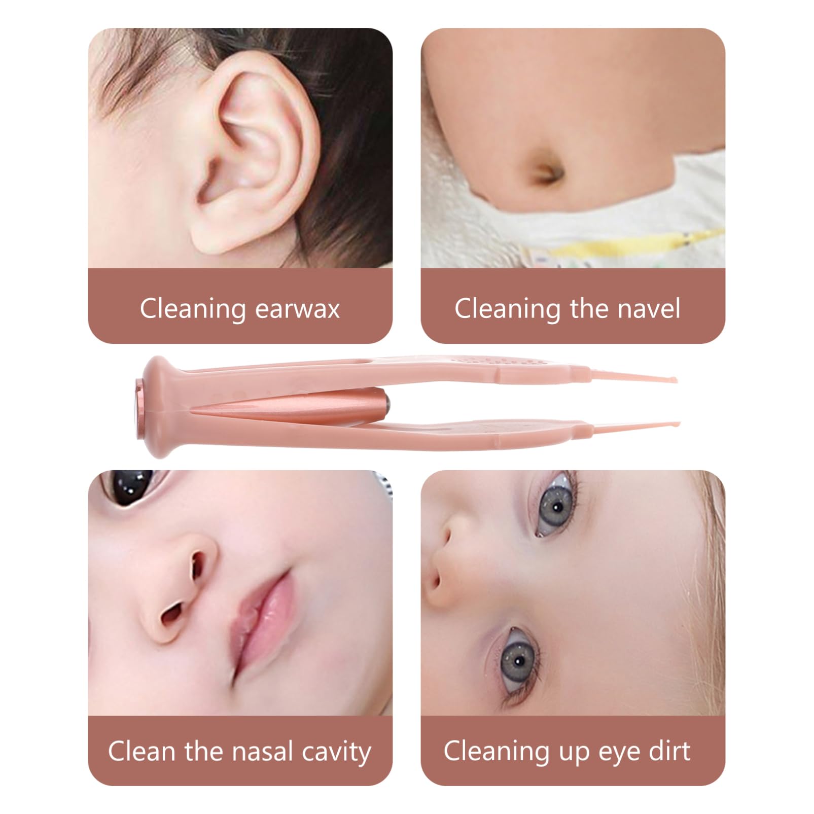 NOLITOY Pince à Épiler pour Bébé Éclairage Led, Acier Inoxydable et Silicone, Poignée Antidérapante, Nettoyage Nez, Oreilles, Nombril, Yeux, Usage Infantile, Pince de Nettoyage Rose