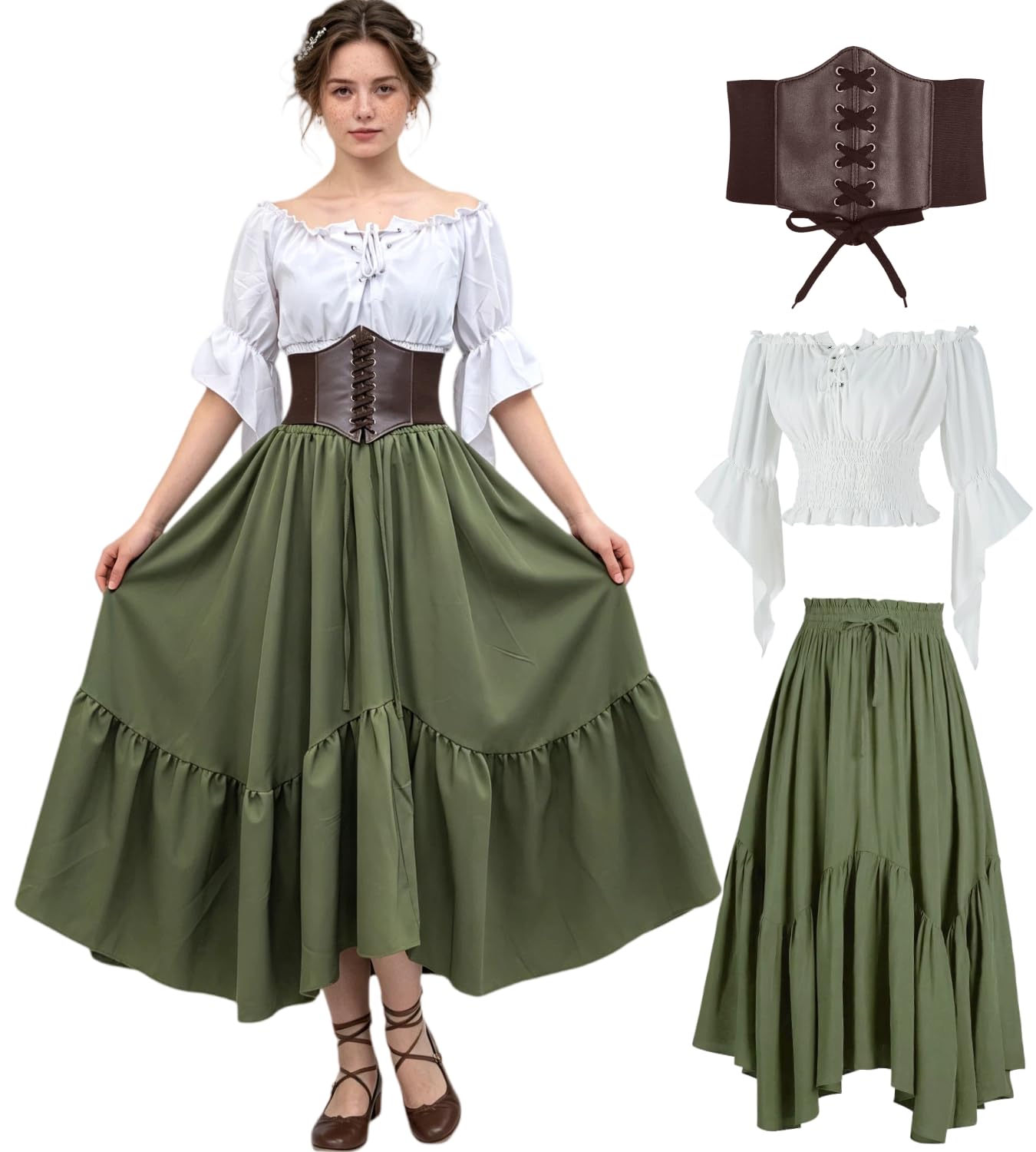 kasahara Costume Médiéval Femme Renaissance Blouse Off Shoulder Manches Évasées Jupe Corset, Déguisement Fée Pirate Sorcière Halloween Carnaval LARP
