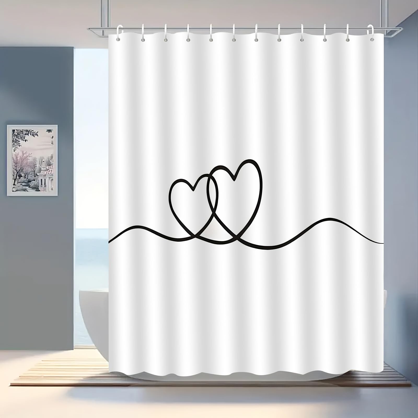 Rideau de douche imperméable motif cœur 290x200 cm avec crochets pour baignoire