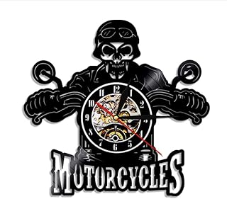 Motocyclette Crâne Vinyle Horloge Murale Avec Éclairage Led Murale Motard Motif Crâne Éclairage Décoratif Aucune Lumière Led 12 Pouces