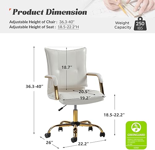 Miniatura 2 de HULALA HOME Silla de escritorio de piel sintética para oficina en casa, silla giratoria ajustable para computadora con patas y brazos dorados,