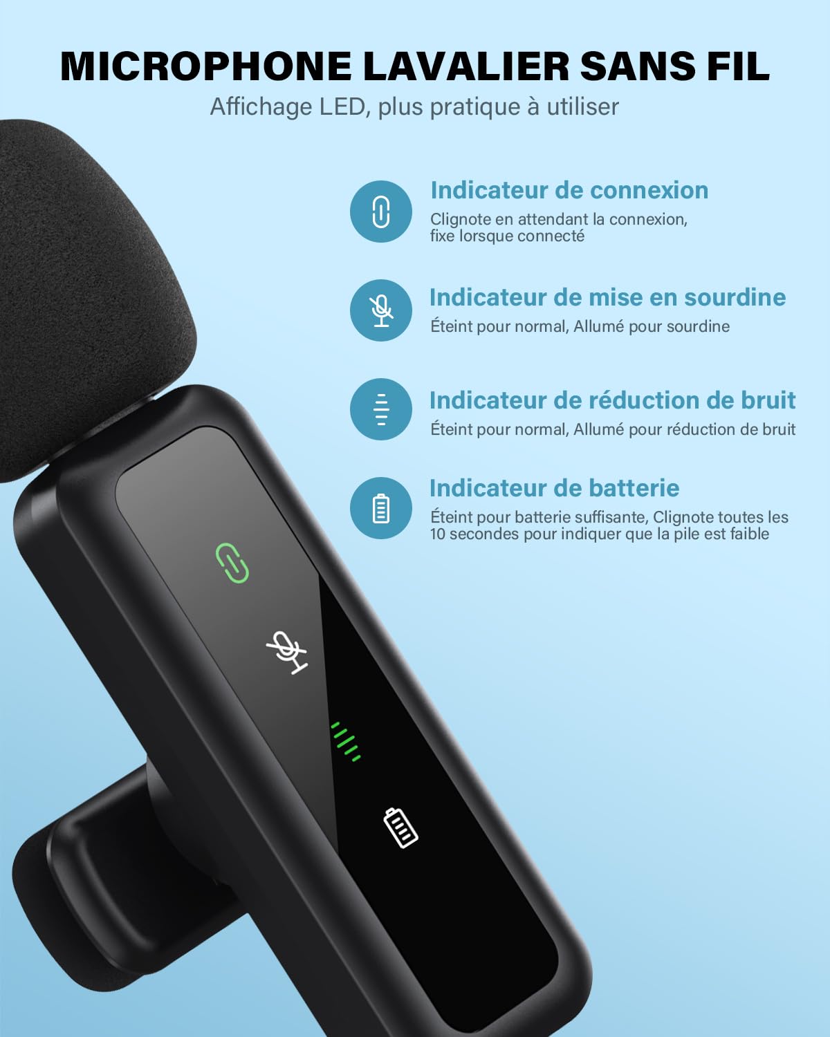 Microphone de Lavalier sans fil pour iPhone, iPad, appareils Android - Mini microphone à pince avec suppression du bruit, appairage automatique, sourdine et réverbération, idéal pour le Vlogging