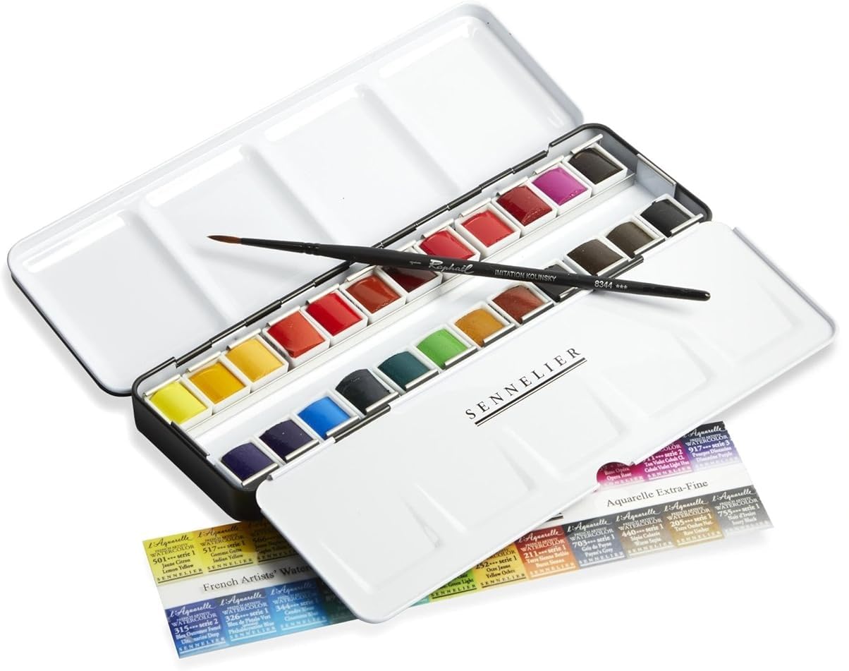 Sennelier Scatola di pittura acquerello extra fine, 24 mezze benne con 2 pennello e sfumatura e 1 carta scatola di metallo