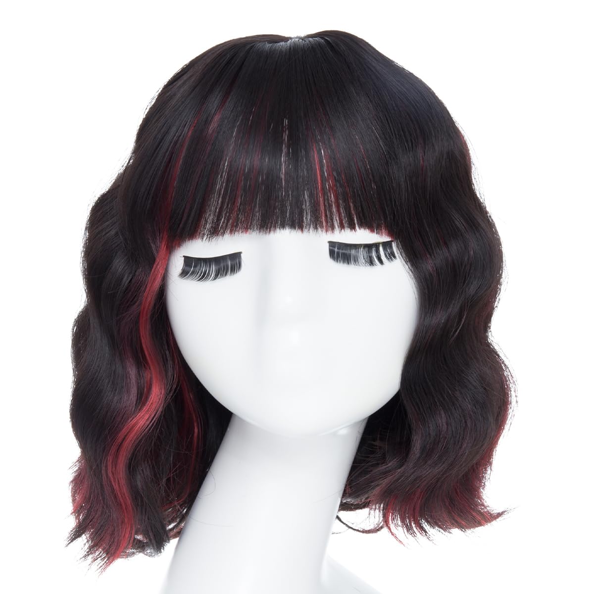 BUYOGET Wavy Bob Wig with Bangs Synthetic Hair Shoulder Length 12 Inch Short Curly Wigs for Women Red Mix Black - Image 2