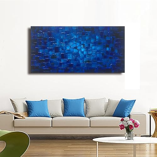 Miniatura 4 de MyArton Arte de Pared de Lienzo con Cuadrados Abstractos Texturizados Pintado a Mano Pintura al Óleo Moderna Azul Oscuro para Decoración Listo para