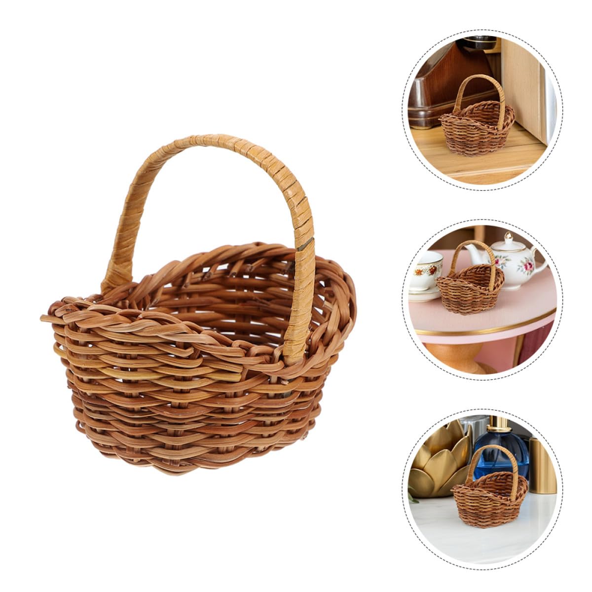 Set 6 Piccoli Cesti Intrecciati in Rattan con Manico, Stile Classico e Retrò, per Organizzazione Studio e Conservazione in Bagno