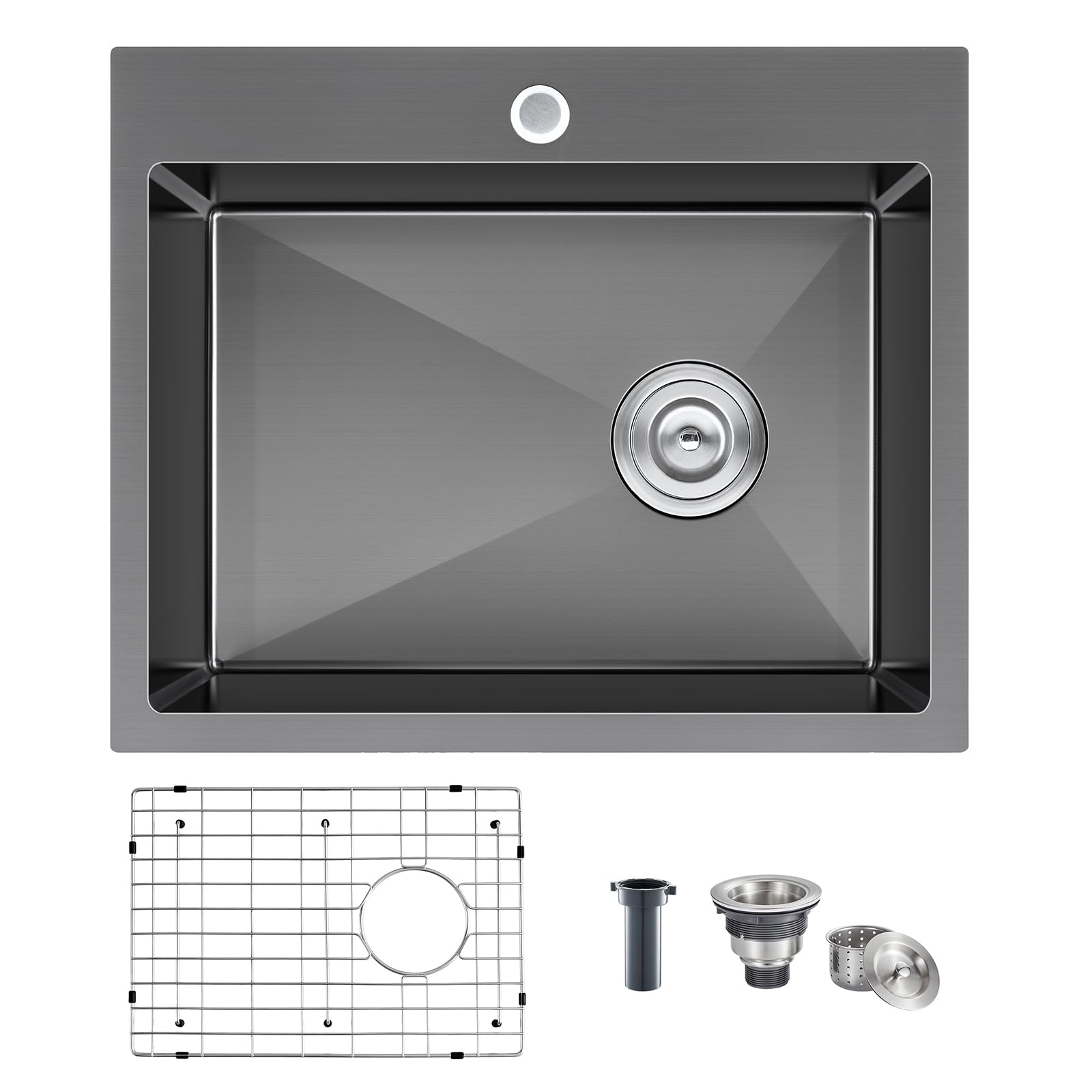 22 inch Drop-in Black Kitchen Sink Single Bowl, Topmount Kitchen Sink with Protective Bottom Grid, Overmount 304 Stainless Steel Kitchen Bar Sink Handmade with Basket Strainer, 22×18×9 inch