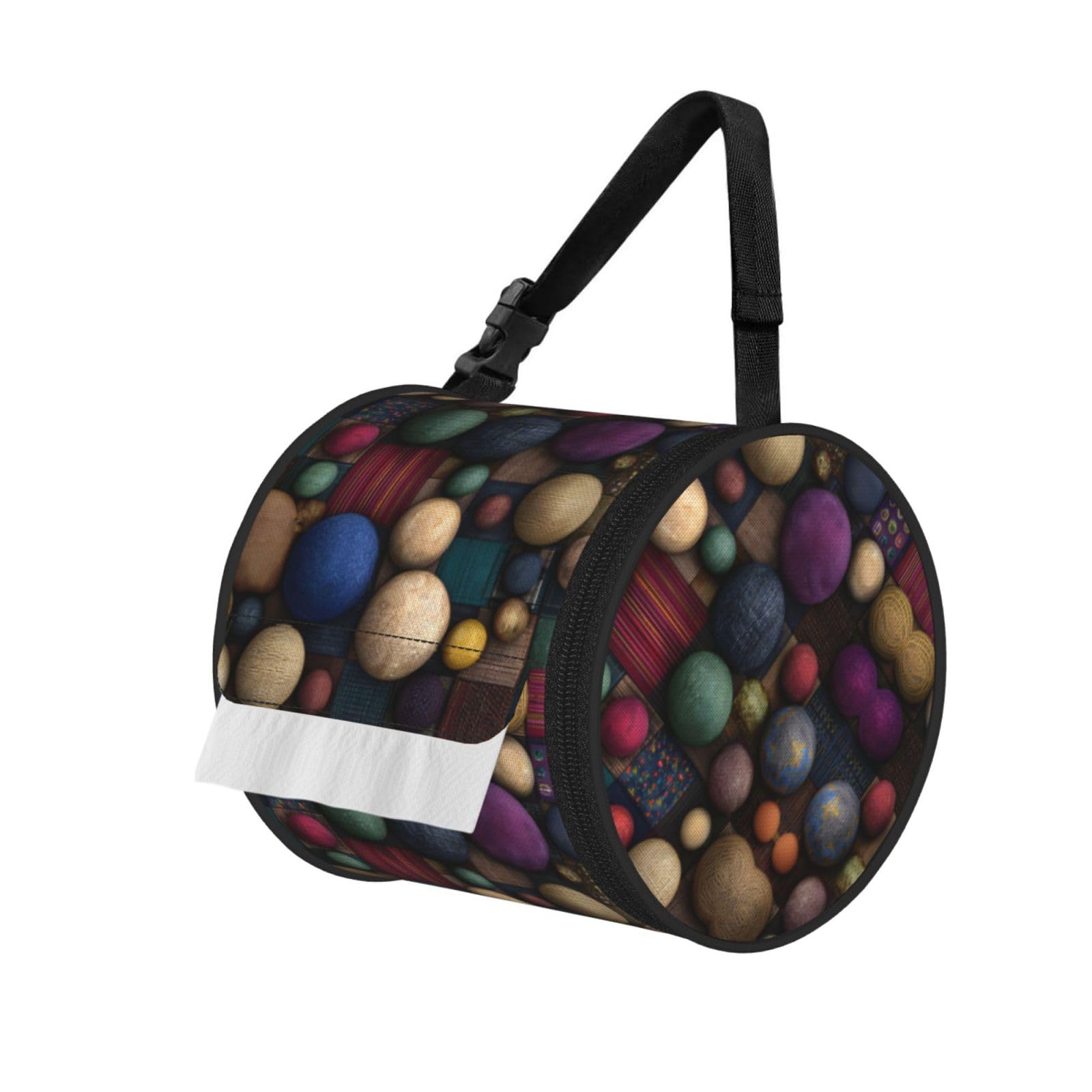 Balls Printed Cylindrical Tissue Bag Portable Oxford Cloth, Foldable Travel Tissue Holder With Zipper And Adjustable Belt