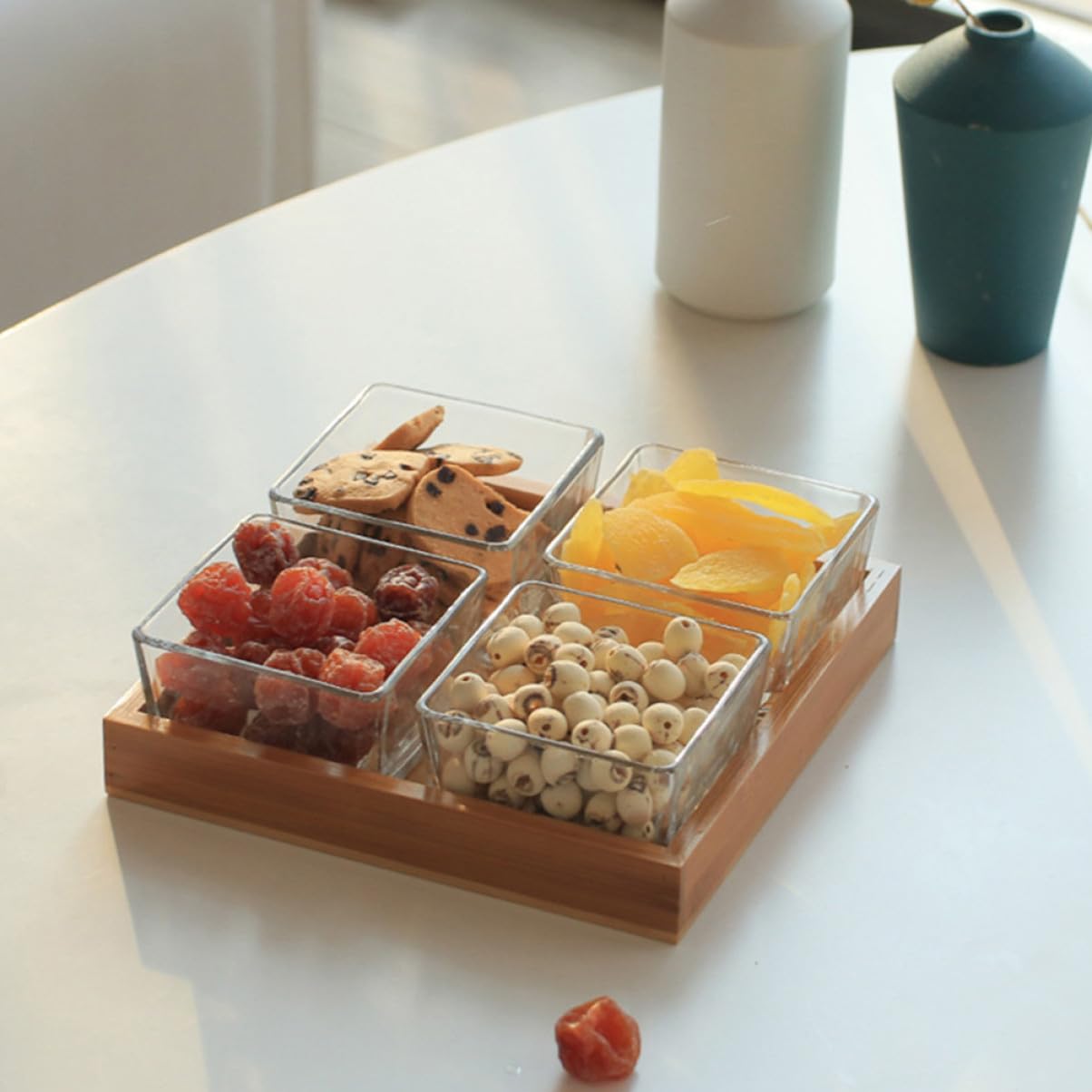 Plateau De Fruits En Verre 4 Compartiments Transparent, Plateau De Service Pour Collations En Verre Support En Bois, Assiettes Polyvalentes Pour Noix Et Fruits Secs, Usage Fête Et Apéritif