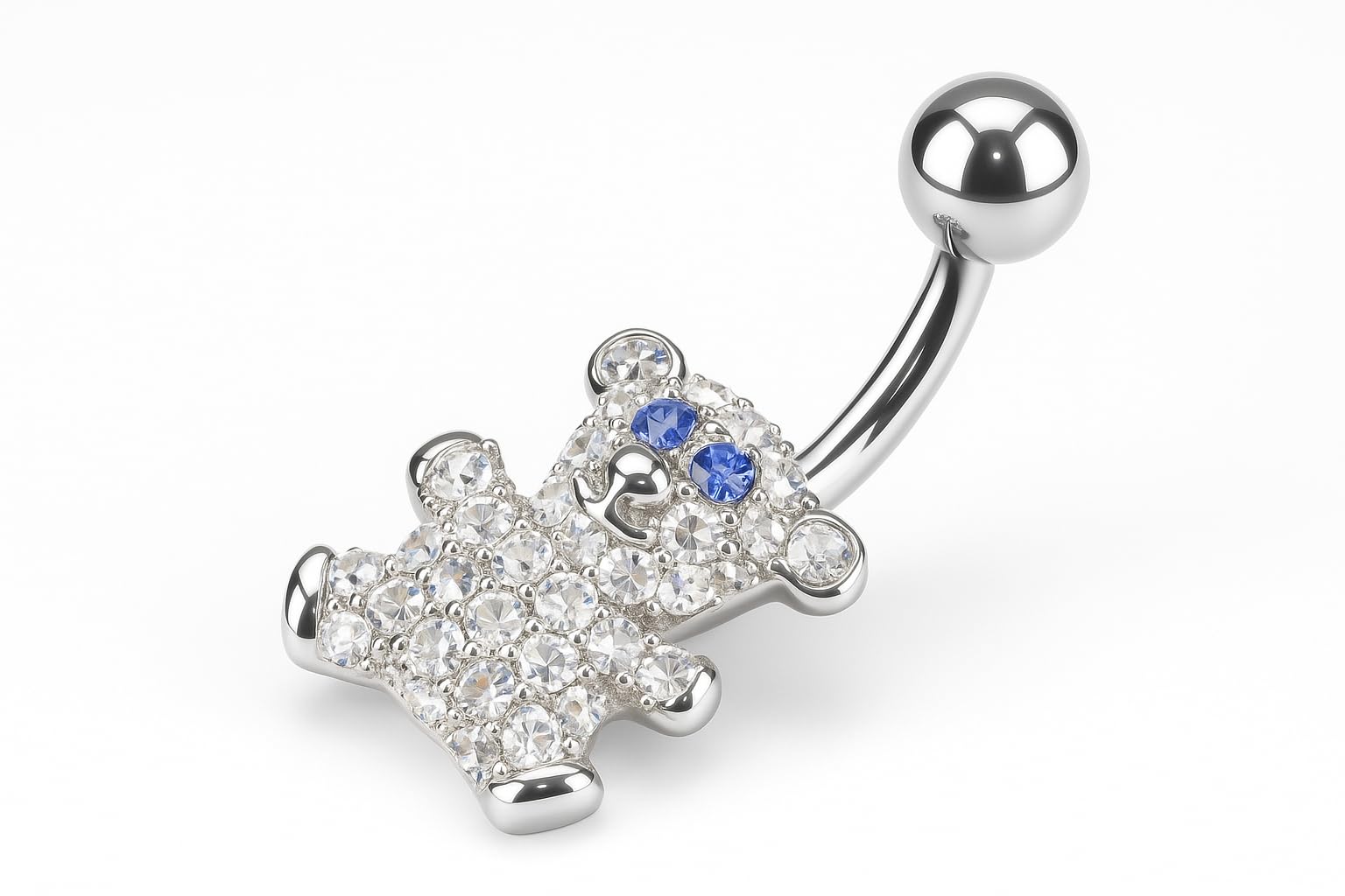Piercing para el ombligo, plata de ley 925 y circonita, cristal quirúrgico 316L, acero inoxidable tipo bananabell, piercing para el ombligo, 1,6 x 10 mm, oso de peluche azul