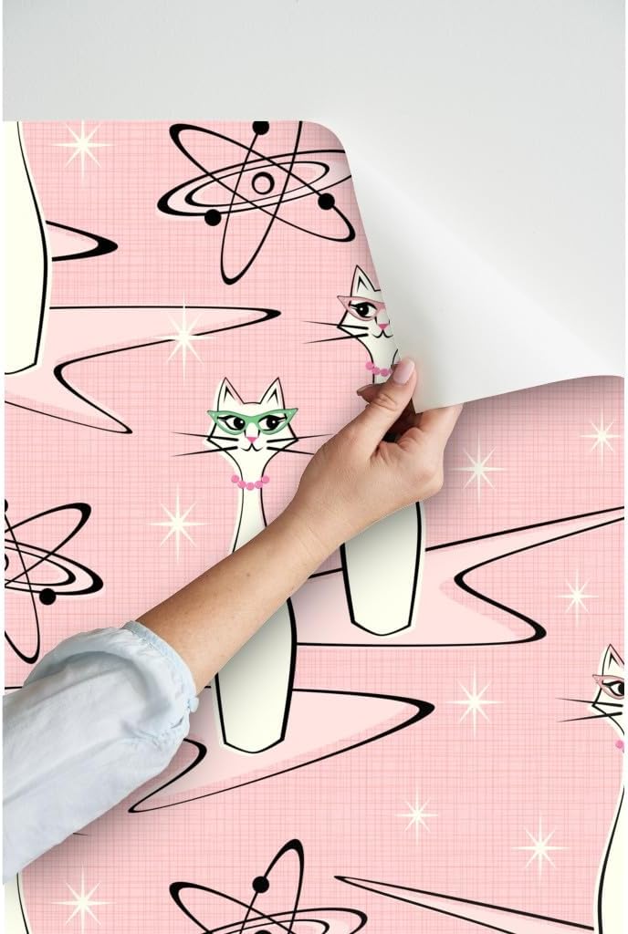 Peel & Stick Wallpaper 3ft x 2ft - Atomic Age Cats On Pink Retro 1950S Cats Midcentury Modern Custom Removable Wallpaper by Spoonflower