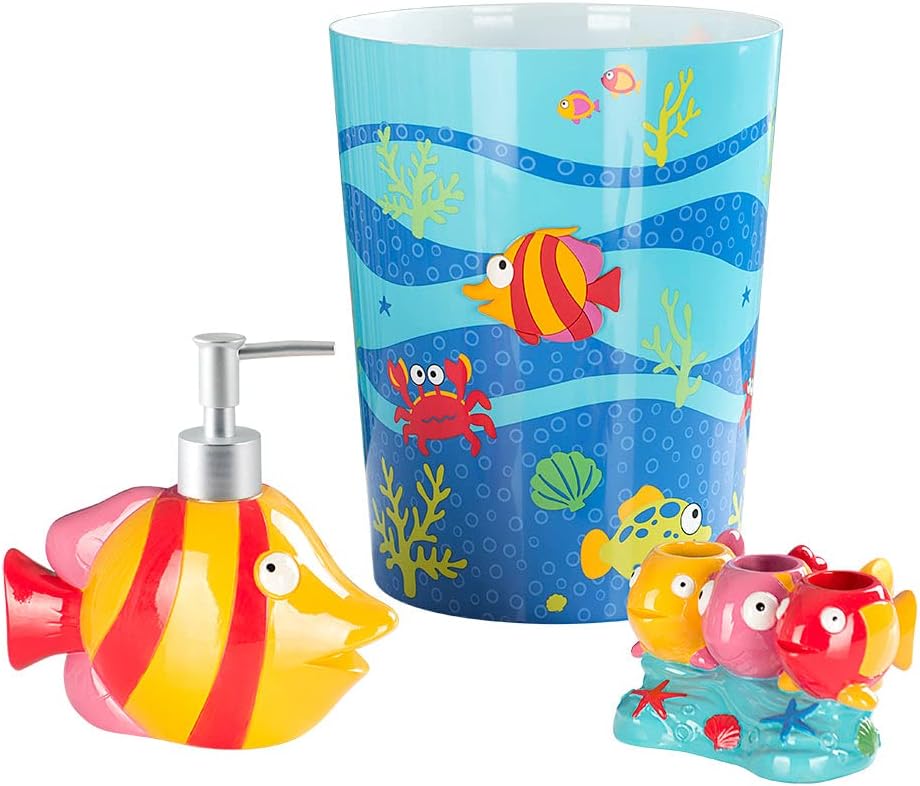 Allure Home Creation Fish Tails 3-Piece Soap/Lotion Dispenser, Toothbrush Holder, and Wastebasket Set