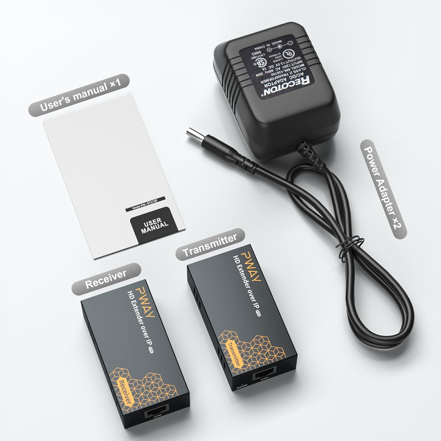 Close-up view of the PWAY HDMI Extender Transmitter and Receiver ports, including HD IN, HD OUT, UTP, DC 12V, LINK, STA, and MODE.