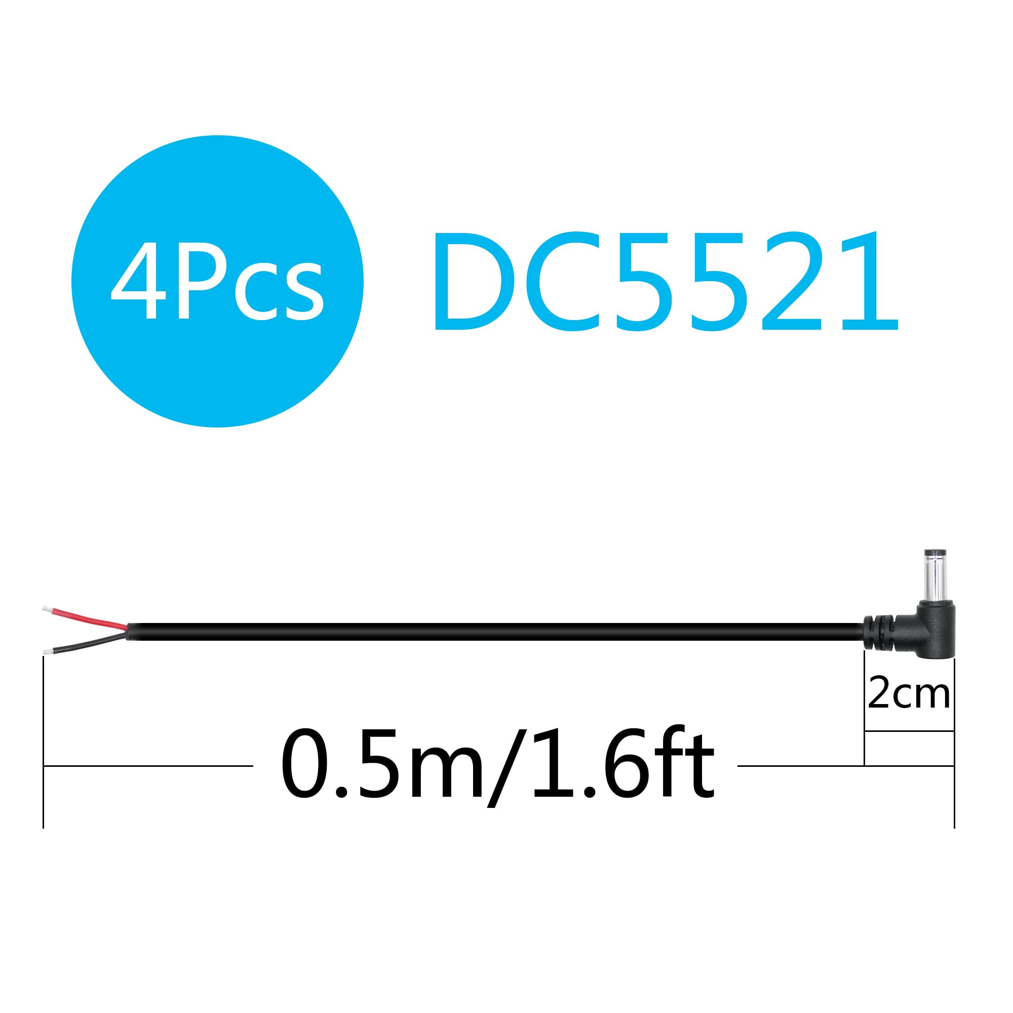 Netzkabel, DC 5,5 mm x 2,1 mm, 0,5 m, 18 AWG, 90 Grad rechtwinklig, DC5521 Stecker auf 2-poligen blanken Draht, offenes Ende, Netzkabel, für Gleichstromnetzteil, Reparatur-Ersatz, 4 Stück