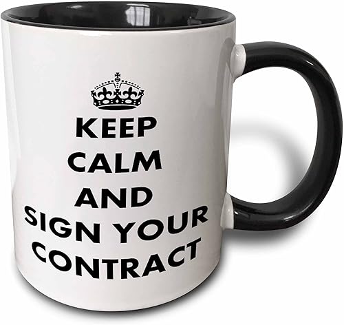 3dRose mug_63144_4 "Firma tu contrato - mantén la calma y sigue adelante, humor, humor, diversión, divertido, parodia, disciplina" Taza negra de dos