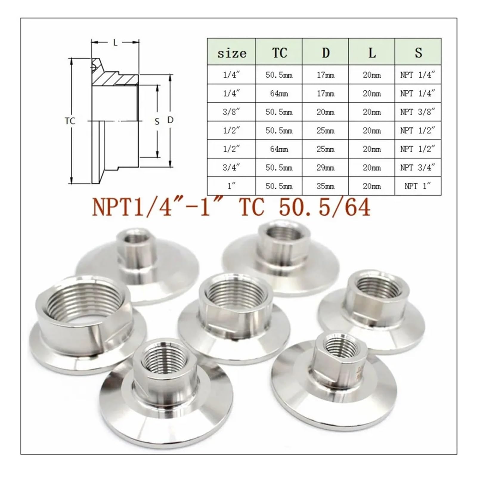 1/4 "3/8" 1/2 "3/4" 1 "NPT Maschio Femmina 0.5" 1.5 "2" Tri Morsetto Raccordo Connettore SUS304 In Acciaio Inox Homebrew(NPT Female,K34MM(0.75 INCH TC)_3/8")