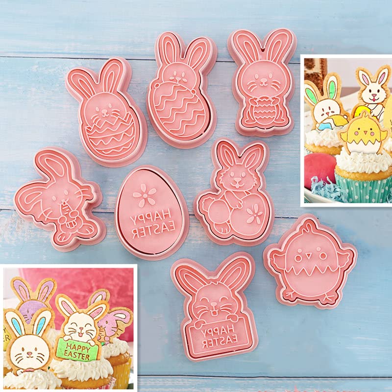 RUIYWEN 8 Moldes de Galletas Pascua 3D Cortador Galletas de Plástico Moldes Huevos Conejos Pollitos para Galletas Fondant Chocolate Cookie Pan Repostería