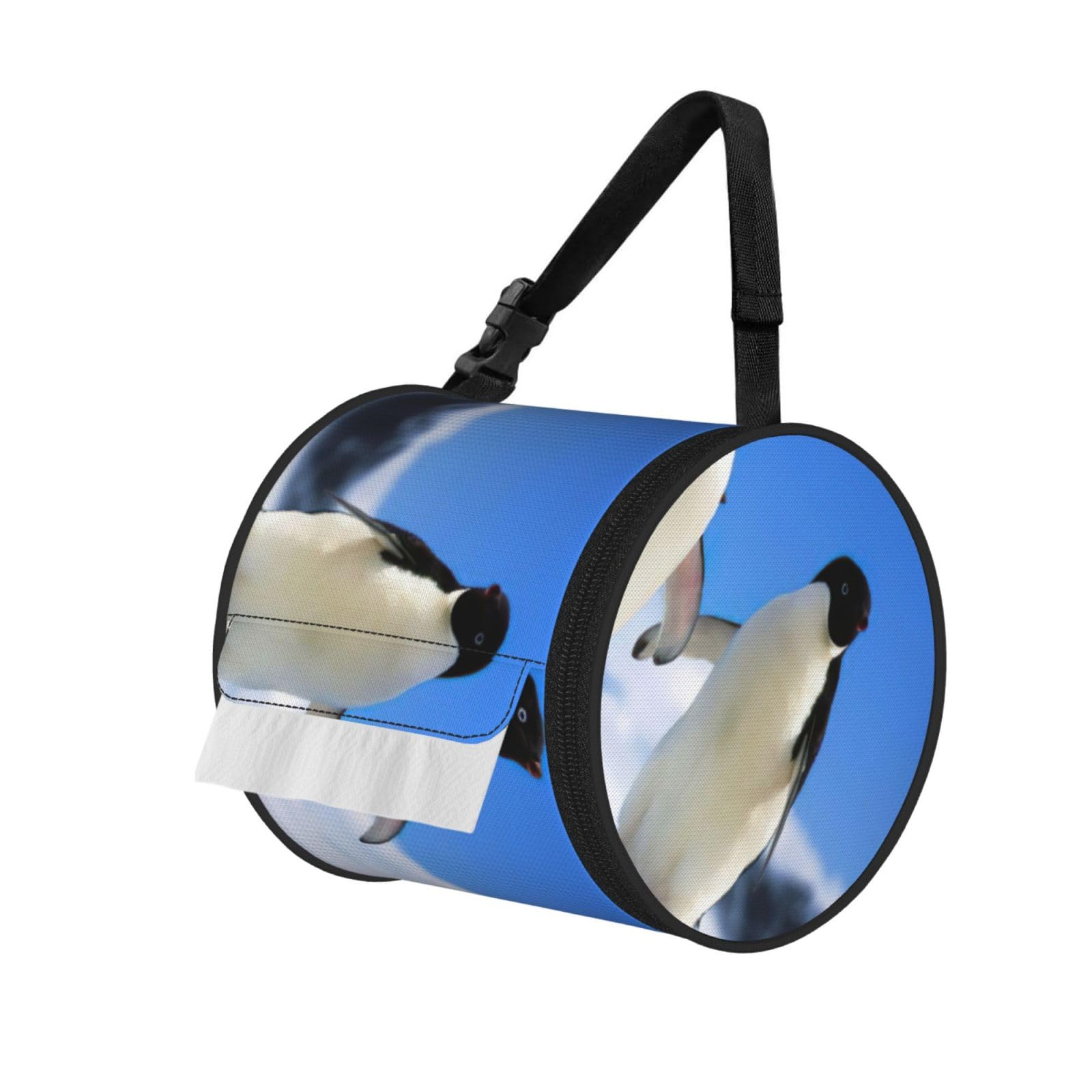 Penguin Print Cylinder Tissue Holder Bag With Strap, Portable Roll Dispenser Case For Car Rv Camping