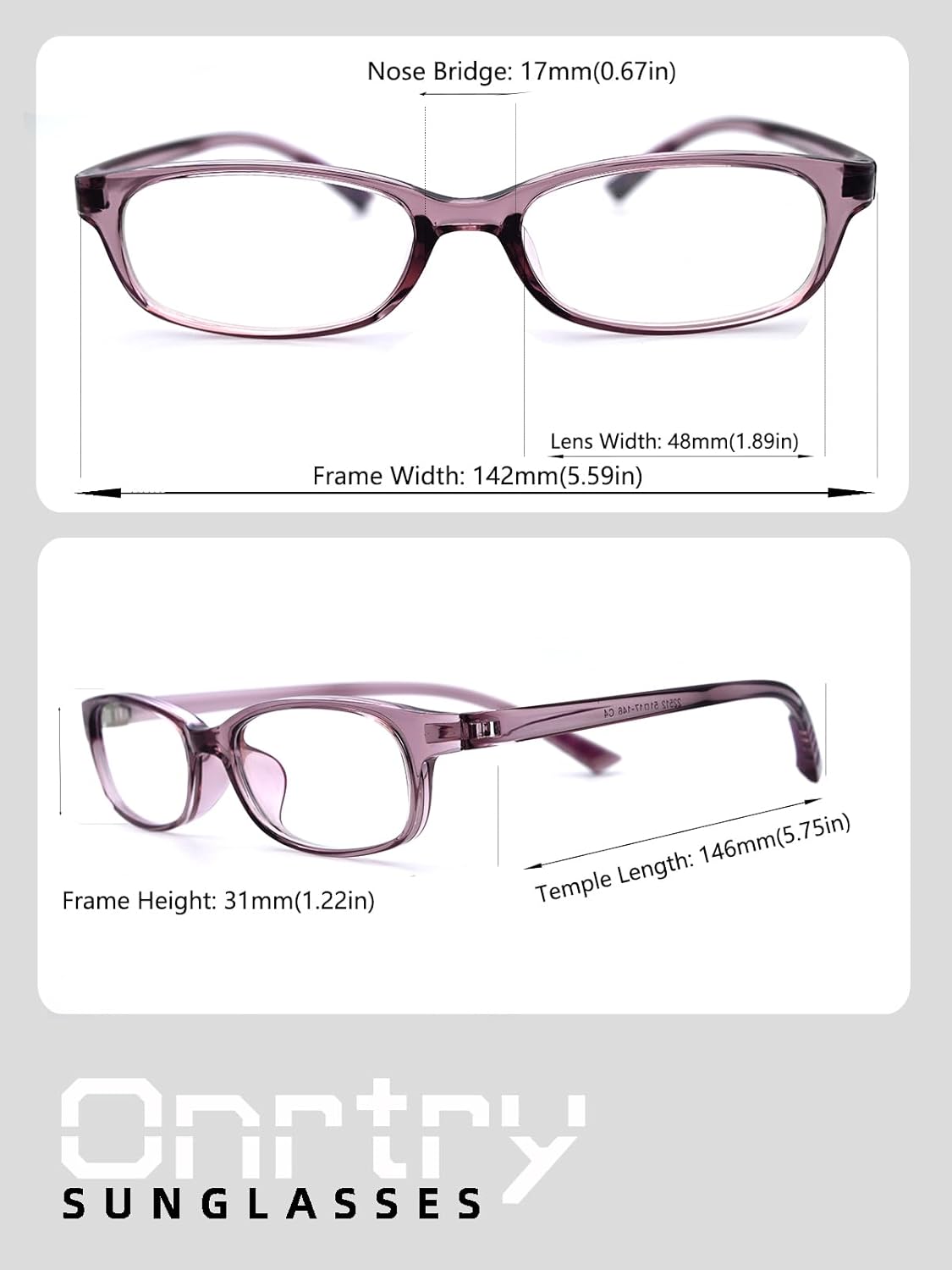 Onrtry Fake Clear Glasses Non Prescription　Eyeglasses Rectangular Frame Eyewear A4 Transparent Light Purple 48 Millimeters image 6 of 6 B0FGHFPJ8B