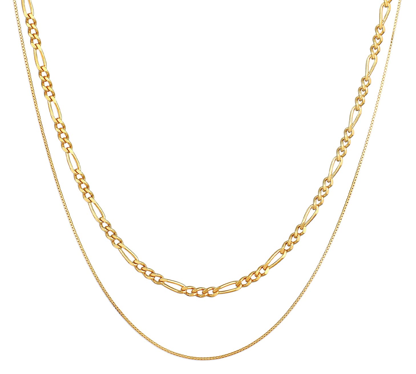 Kuzzoi Herren Halsketten Set aus 925 Sterling Silber vergoldet, Massive Figarokette 3 mm, Feine Venezianer Kette 1 mm für Manner, 2 goldene Herrenketten, Länge 50 + 55 cm