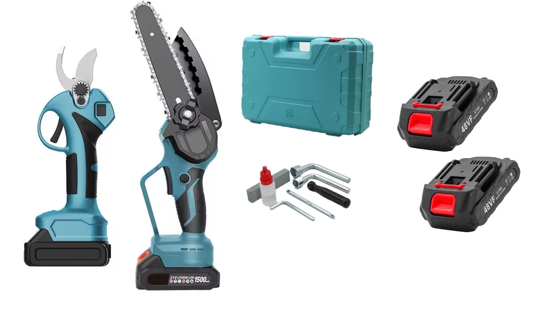 Kit Potatura Motosega + Forbice Elettrico Doppia Batteria 48V 2000Mah a Litio Completo di Valigetta Rigida Protettiva Trincia Rami,Cesoia,da Potatura