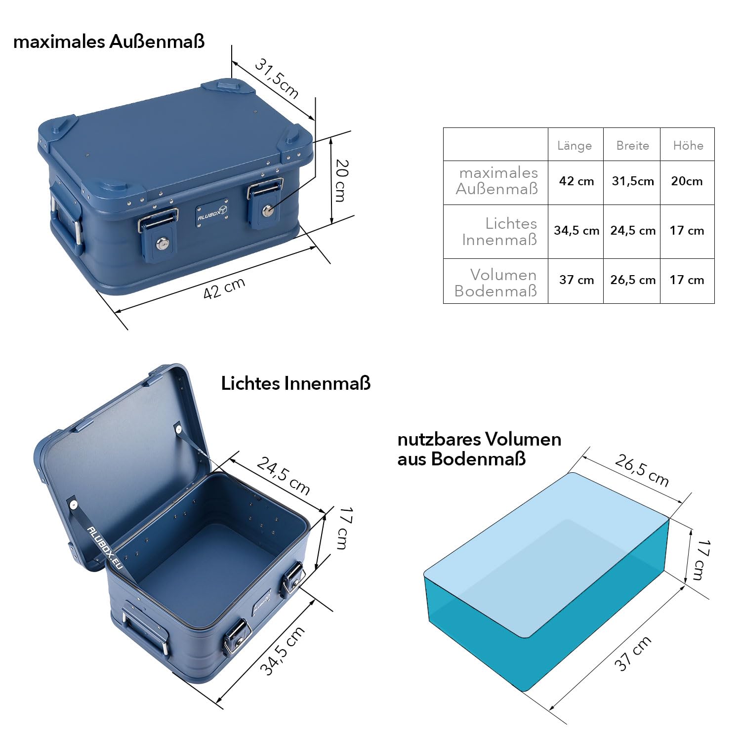 Alubox Alukiste abschließbar E18-BLUE - Premium Aluminium Werkzeugtruhe 18 Liter - Deckel mit Aluminium Druckguss Stapelecken und Gummidichtung - inklusive Schlösser - pulverbeschichtet blau