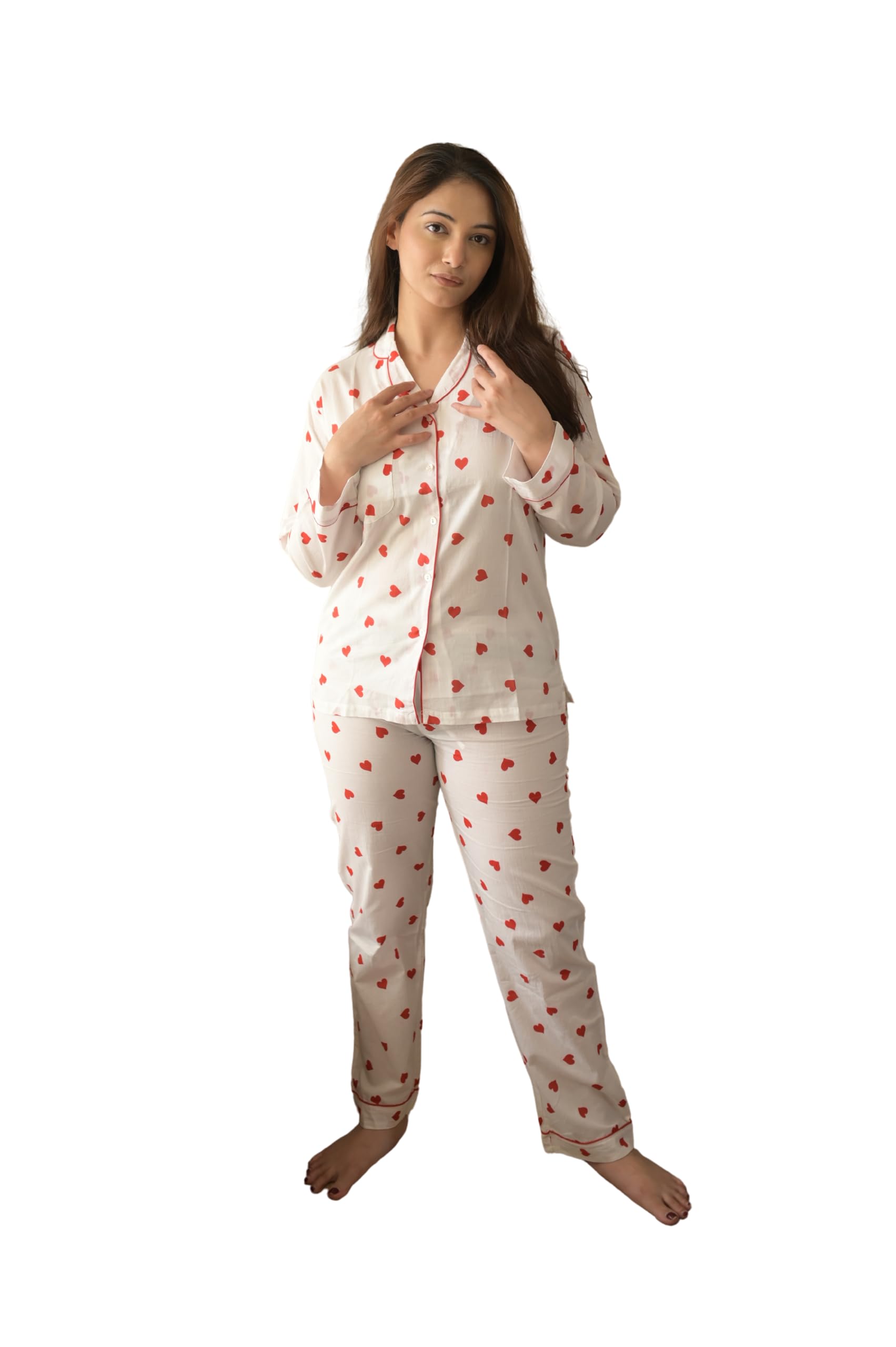 Women’s Full Sleeve Night Suit Set – Bella Hearts Pure Cotton Sleepwear | Soft & Comfortable Lounge Wear for Women | Stylish Printed Nightwear for Daily Use Red and White-image-35